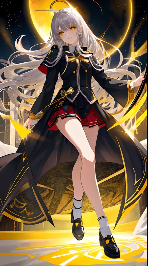 Full Body, Silver-haired young girl, yellow eyes, angelic body and face, and black high school uniform dress with a mini skirt, holding a shield, wearing a cloak, and golden hairpin, lay in the bed, red wings, sun, and, high moon background scene, the magi...