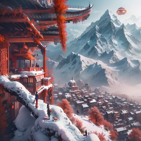 Himalayas，Mountain tops，Covered with snow，heavy snowy，Spectacular views，Chinese climbers waving red flags，Watch as huge spaceships appear in the sky，Use Pixai to bring powerful AI models to life, Show the limitless creativity and possibilities of our imagi...