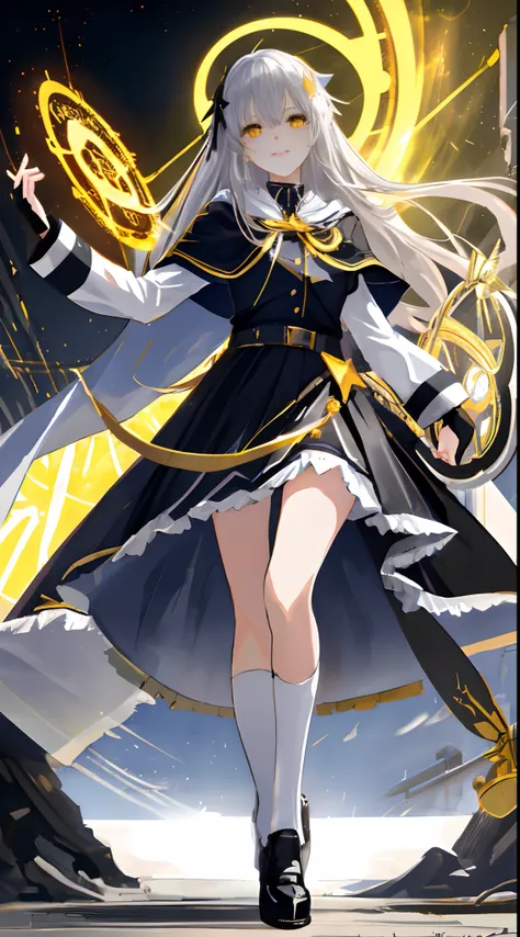 Full Body, Silver-haired young girl, yellow eyes, angelic body and face, and black high school uniform dress with a mini skirt, holding a shield, wearing a cloak, and golden hairpin, lay in the bed, red wings, sun, and, high moon background scene, the magi...