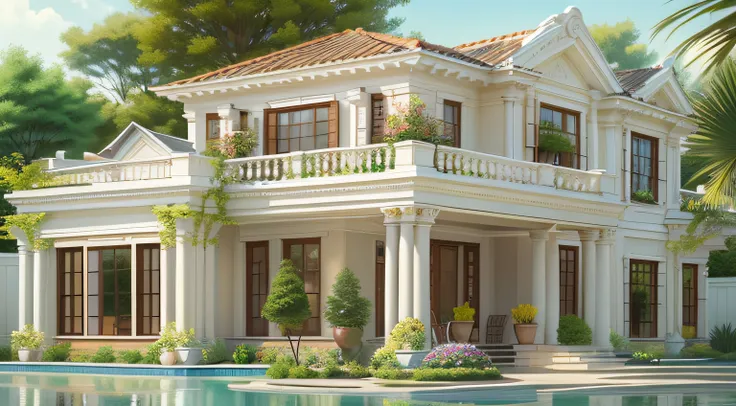 Rendering a neo - classical style with 1 basement and 2 floors on a 10x30m land area. The front of the house is designed symmetrically, using traditional materials such as brick, stone, and wood. The decorative details are intricate and exquisite. The domi...