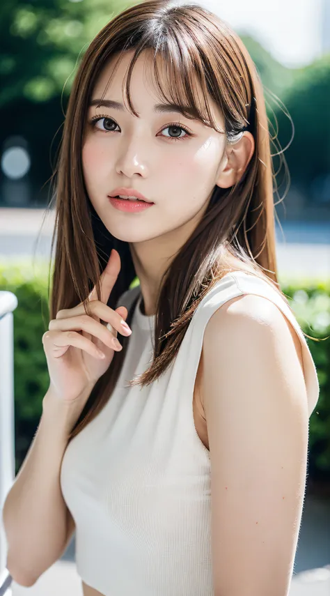 1womanl, up of face, mideum breasts, light brown hair, Blunt bangs, hair behind ear, hair over shoulder, Long hair, slender body shape, Ultra Fine Face, Thin face, Delicate lips, Beautiful eyes, thin blush, eyes are light brown, perfect glossy skin, flawle...