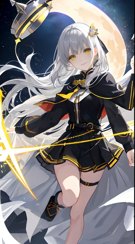 Full Body, Silver-haired young girl, yellow eyes, angelic body and face, and black high school uniform dress with a mini skirt, holding a shield, wearing a cloak, and golden hairpin, lay in the bed scene, sun, and, high moon background scene, the magic cir...