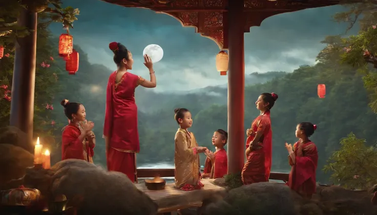 Mid-Autumn Festival, Auspicious clouds, Behind the huge moon, Warm colors, Full moon and stars in sky illustrationThe family sits together eating mooncakes, smile in face,  Have in the living room、Bright house scene，extremely detailed face and skin，Heartwa...