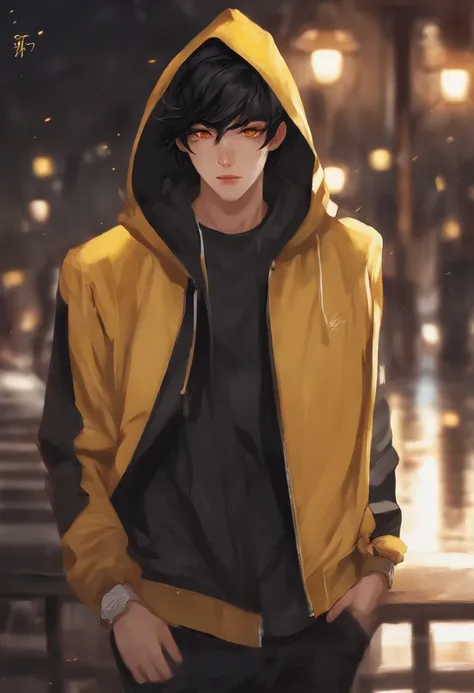 anime guy with yellow eyes and black hair in a black and yellow hoodie, high quality anime artstyle, artwork in the style of guweiz, digital anime illustration, anime style character, inspired by Bian Shoumin, anime style portrait, male anime style, anime ...