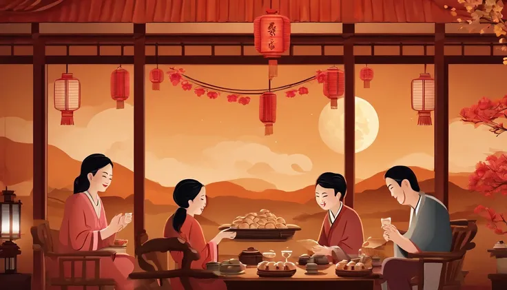 Mid-Autumn Festival, Auspicious clouds, Behind the huge moon, Warm colors, Full moon and stars in sky illustrationThe family sits together eating mooncakes, smile in face,  Have in the living room、Bright house scene，extremely detailed face and skin，Heartwa...