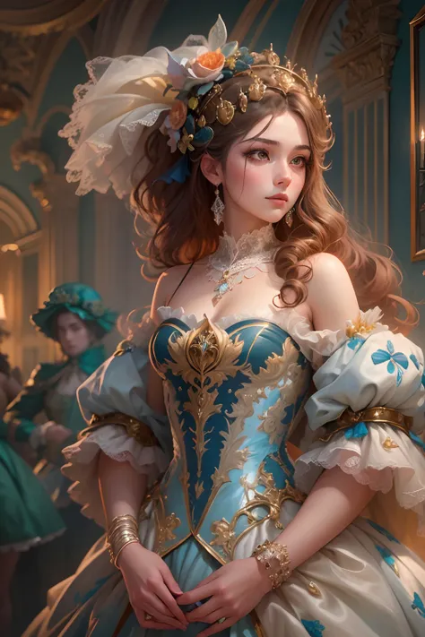 High quality, highly detailed CG unity 8k wallpaper beautiful girl oil painting, masquerade, rococo gown