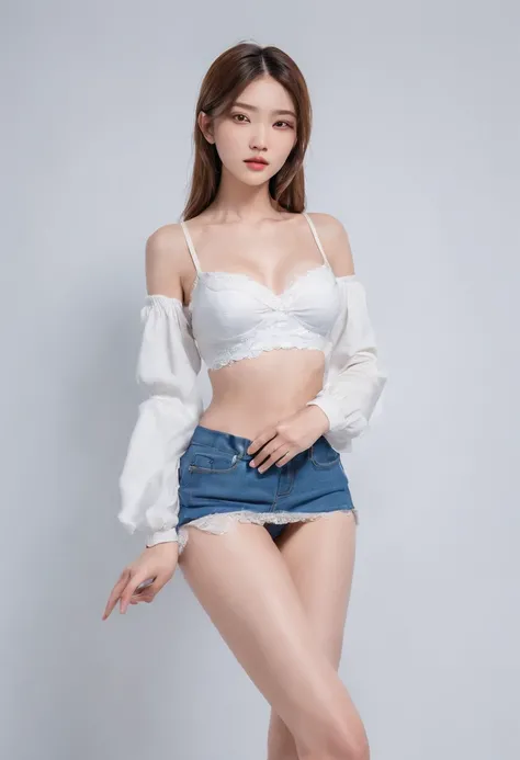 Girl poses for a photo in a white bra and denim skirt with full sleeve tights back with a crop top, slender bra, small breasts, skinny female model, 24-year-old female model.,korean girl