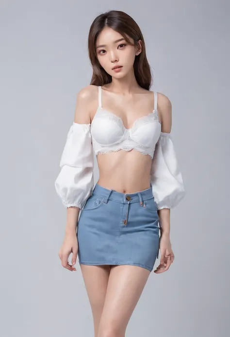 Girl poses for a photo in a white bra and denim skirt with full sleeve tights back with a crop top, slender bra, small breasts, skinny female model, 24-year-old female model.,korean girl