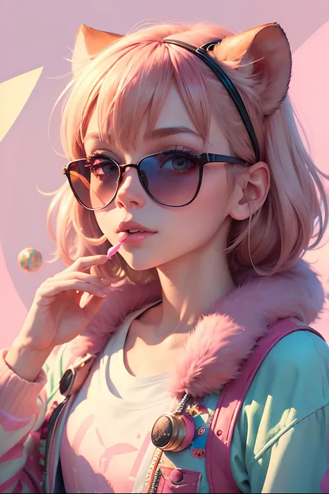 Anime girl with cat ears and sunglasses holding a pink toothbrush, Arte no estilo de Guweiz, kawaii retrato realista, Ross Tran 8 K, Estilo anime 3D realista, Estilo Ross Tran, estilo anime. 8k, inspirado em Yanjun Cheng, estilo anime 4K, No estilo de Ross...