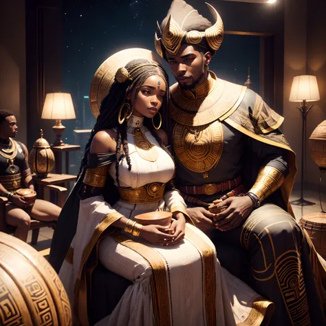 Traditional futuristic African marriage of a black man and black woman both wearing African designed helmets and African traditional clothes, sitting on floating futuristic african designed chairs, surrounded by people carrying pots and african designed in...