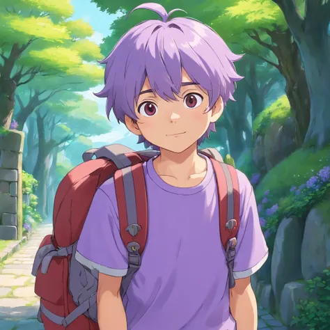 Funny boy with lilac colored clothes and a backpack, garoto com cabelos castanhos