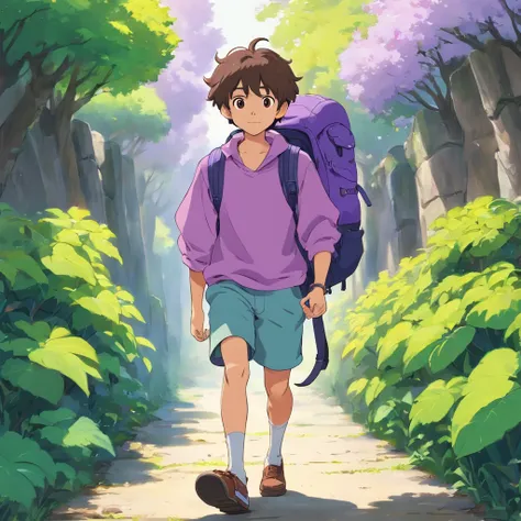 Funny boy with colorful lilac clothes and a backpack, garoto com cabelos castanhos, pele marrom, menino negro