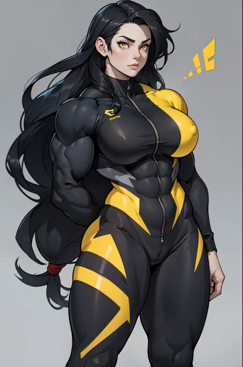 ((very long hair)), ((grey background)), (((((1 girl))))), black hair, yellow eyes, ((((((muscular)))))), tall, pale skin, bodysuit, (solo), curvy, wide hips, thick thighs, big breasts