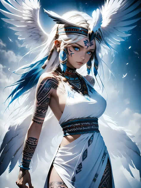 masterpiece, Cowboy shot, (1woman), (white fox), (tribal dress:1.2), (beautiful blue eyes), ((tribal (Eagle) tattoo)), white and blue colors, foggy background, dynamic pose, (looking at viewer), (front view), (from sky), (bokeh:1.2)