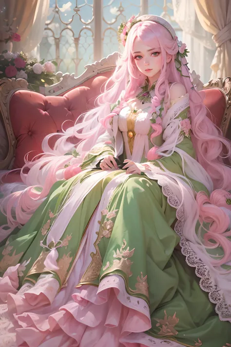 High quality, highly detailed CG unity 8k wallpaper beautiful girl, green eyes, oil painting, pink rococo gown, long white hair