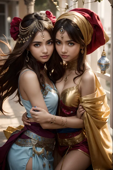 2 girls kneel,duo,top-quality、Extremely Delicately Beautiful、(Strange blue and red eyes)、arabian clothes 、silber hair、femele、(（Brown skin）),Front lens,（Close-up Shot Shot：1.6），best qualtiy，f / 1 HD photography T bokeh，Depth of field Macro,