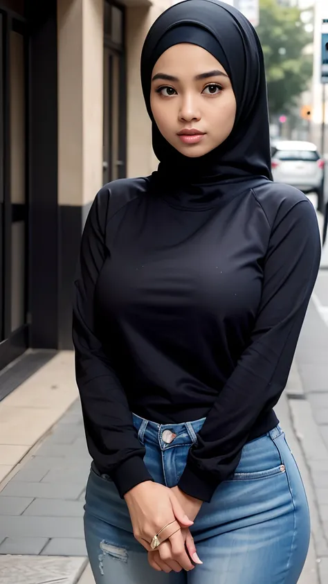 (Best quality, high resolution, masterpiece: 1.3), a beautiful malay woman in hijab, big breasts, slim figure, sweatshirt, beautifully presented details in the street and facial and skin texture, detailed eyes, double eyelids, big eyeschest visible, shirt ...