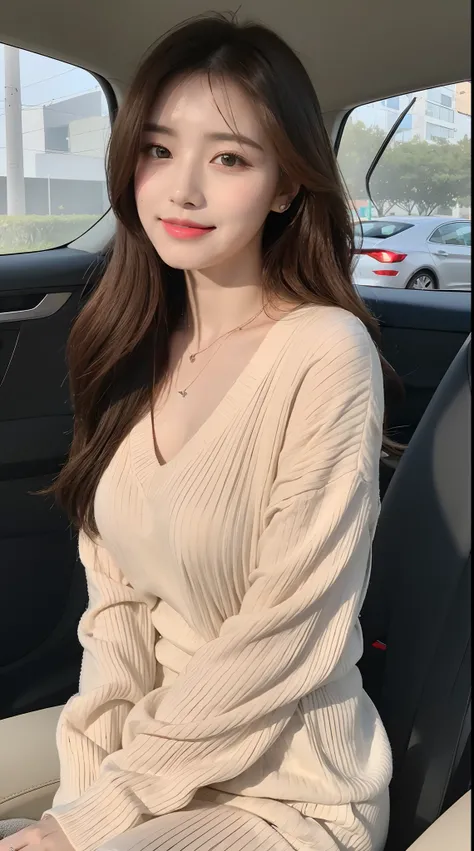 ((Best Quality, 8k, Masterpiece: 1.3)), Focus: 1.2, Perfect Body Beauty: 1.4, Buttocks: 1.2, ((Delicate Hair)), (Sweater Dress: 1.1) , (Sports car, street: 1.2), Highly detailed face and skin texture, Detailed eyes, Double eyelids, Whitening skin, Big brea...