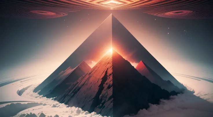 Obra-prima surrealista. qualidade excepcional. detalhes surpreendentes. Surreal CG rendering of a pyramid right in the center of red. Um tringulo equilatero a centro e ao fundo um grande olho.dreamlike scenery. Experience the fusion of abstract and realist...