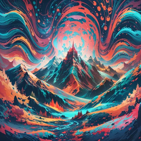 ((Winter wonderland, Snow-capped mountains, )),(Best quality,4K,8K,A high resolution,Masterpiece:1.2),Ultra-detailed, [Vibrant colors], [psychedelic patterns], [Sparkling textures], [Abstract shapes], [Unique design], [A mesmerizing glow], [Creative compos...