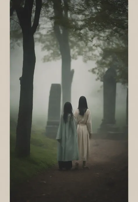 Two teenage girls,Japan high school uniform，Hair covers the face，A lot of hair dragged to the ground，Wet hair，The girl turned pale，Charms attached to the body，Heavy fog，the complex background，tombs，grave stones，The weather is gloomy，Still from the movie, s...