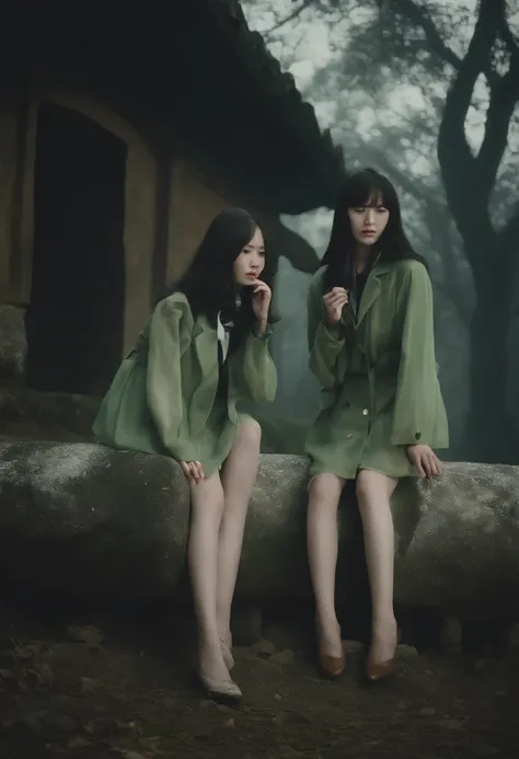 Two teenage girls,Japan high school uniform，Hair covers the face，A lot of hair dragged to the ground，Wet hair，The girl turned pale，Charms attached to the body，Heavy fog，the complex background，tombs，grave stones，The weather is gloomy，Still from the movie, s...