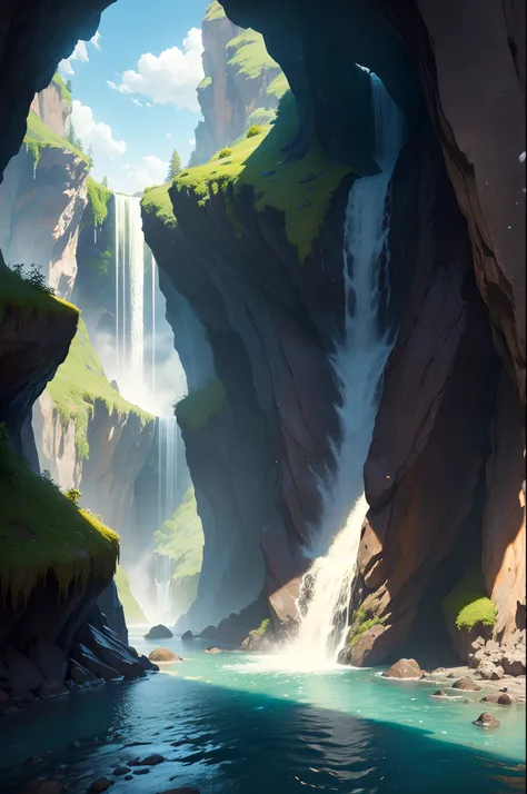 (masterpiece, best quality), best resolution, cave, waterfall flowing from a hole above