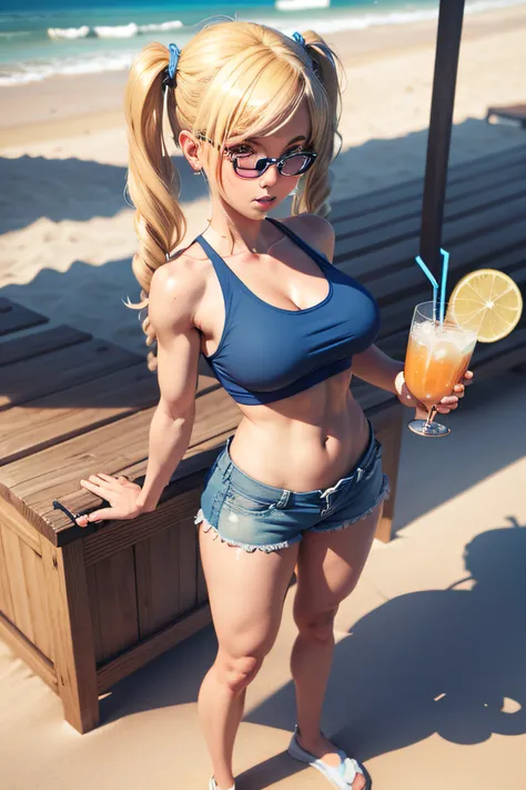 3d woman with blonde hair and pigtails big breast blue tank top and blue shorts standing on the beach at noon holding a drink show full body