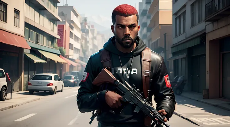 Kanye West em GTA v, gta5 estilo, gta v personagem, empunhando fuzil de assalto, rifle in hand, Fuzil AK - 47, segurando o fuzil.