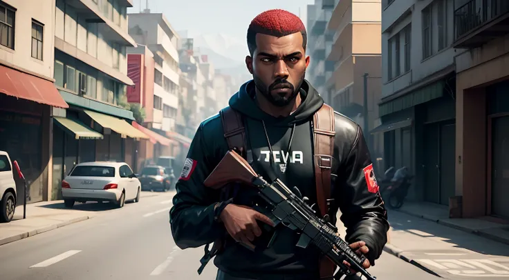 Kanye West em GTA v, gta5 estilo, gta v personagem, empunhando fuzil de assalto, rifle in hand, Fuzil AK - 47, segurando o fuzil.