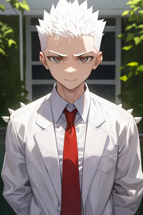 Teenage MAN, boy, (masterpiece, best quality), KujouCSA, break, 1boy, (Teenager), 15 years old, (((15 years))) high school student, alone, white school uniform, gray jacket, open jacket, red tie, amber eyes, apathetic eyes, (((expressionless face))) lonely...