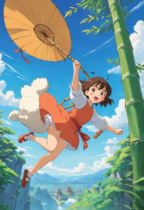 With a girl flying in the sky with a bamboo bow、Cat chasing a girl