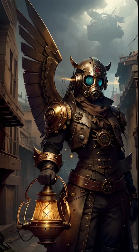 (La mejor calidad,ultra detallado,realista:1.37),Cazador de monstruos,gas mask,cybernetic arm,exoesqueleto,Propulsado por vapor,Mechanical gears,plumero de cuero,Paisaje de chatarra,strange creatures,Victorian-inspired,Brass glasses,dirigible,Evocative lig...