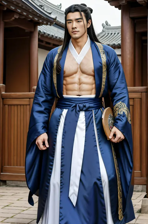 1 man，Very handsome，Long hair in period costume，Masterpiece,Best quality,A high resolution,Gufeng people,Upper body,Abs, chest muscle，Open the tulle coat，Hanfu