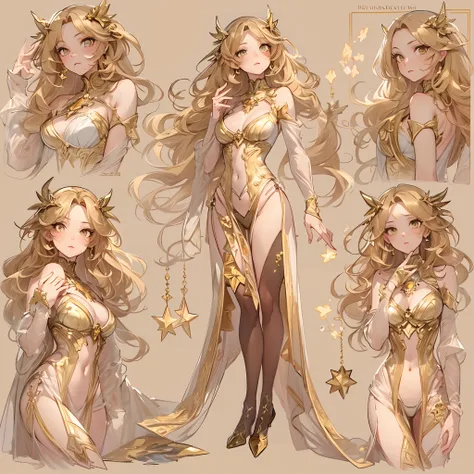 ((Masterpiece, Highest quality)), Detailed face, CharacterDesignSheet， full bodyesbian, Full of details, Multiple poses and expressions, Highly detailed, Depth, Many parts，beuaty girl，summoning，golden colored，estilo fantasia，lacepantyhose，Extremely beautif...