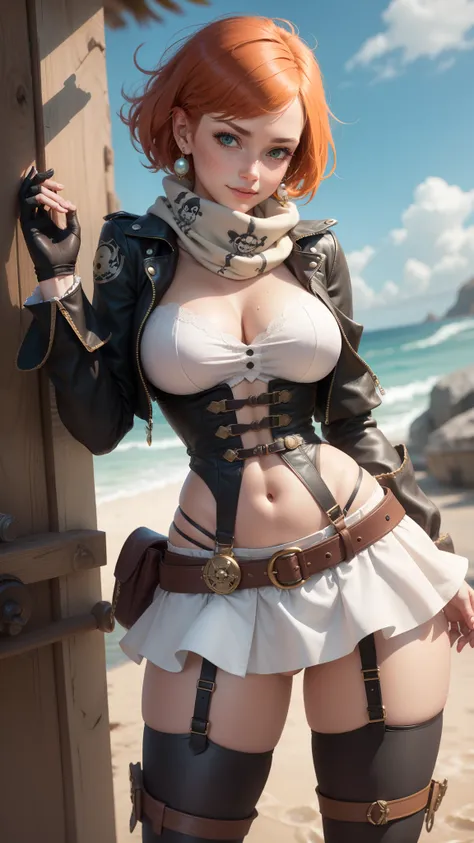 gwen tennyson,tracer,yorha 2b,sinon, reisalin stout,atelier ryza,pirate outfit, beach,teenager,green eyes,thigh high boots,garter belt,striped panties,short hair,orange hair,pirate ship,shy smile, white striped top,tight skirt,wet body, freckles,redhead,pi...