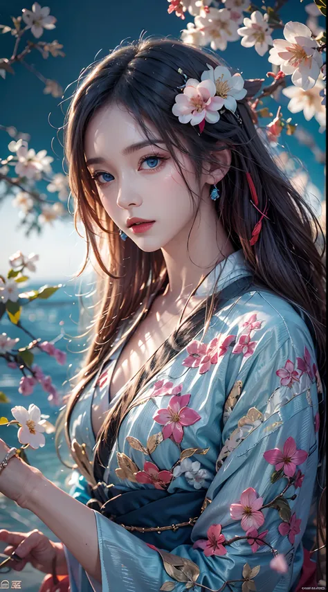 photorealistic, high resolution, soft lights, 1women, solo, hips up, blue eyes, long hair, hanfu, hips up, jewelry, tattoo, cherry blossom