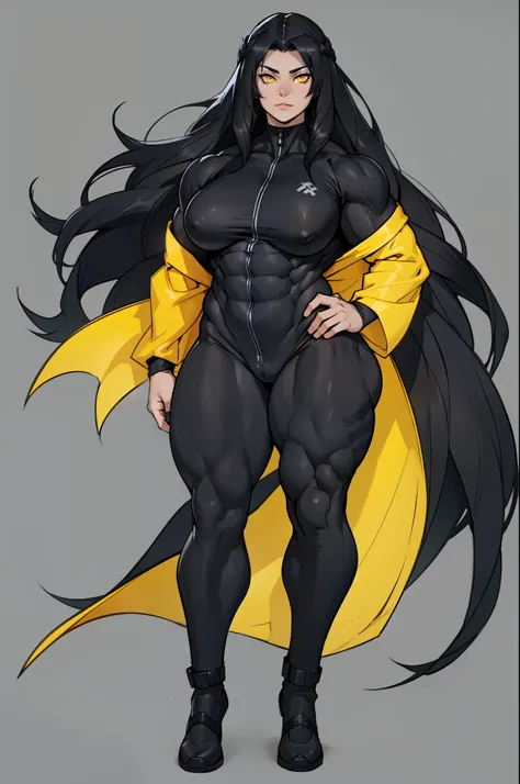 ((very long hair)), ((grey background)), ((((((1 girl)))))), black hair, yellow eyes, ((((((muscular)))))), tall, pale skin, (full body), black bodysuit, (solo), curvy, wide hips, thick thighs, big breasts