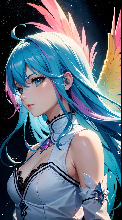 (masterpiece, top quality, best quality,watercolor (medium),official art, beautiful and aesthetic:1.2),(1girl:1.3), (fractal art:1.3),upper body, from side,rainbow angel wings, looking at viewer,patterns,(rainbow color Hair,colorful hair,half blue and half...