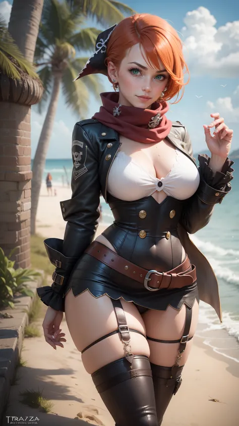 gwen tennyson,tracer,yorha 2b,sinon, reisalin stout,atelier ryza,pirate outfit, beach,teenager,green eyes,thigh high boots,garter belt,striped panties,short hair,orange hair,pirate ship,shy smile, white striped top,tight skirt,wet body, freckles,redhead,pi...