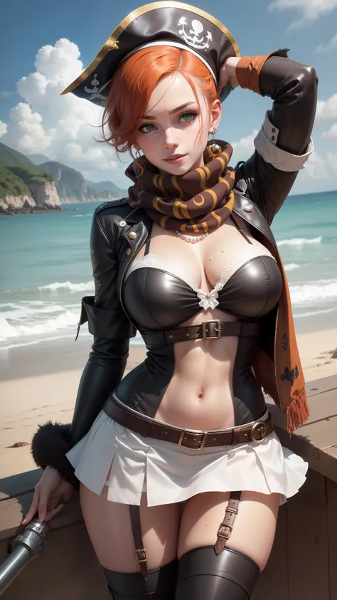 gwen tennyson,tracer,yorha 2b,sinon, reisalin stout,atelier ryza,pirate outfit, beach,teenager,green eyes,thigh high boots,garter belt,striped panties,short hair,orange hair,pirate ship,shy smile, white striped top,tight skirt,wet body, freckles,redhead,pi...