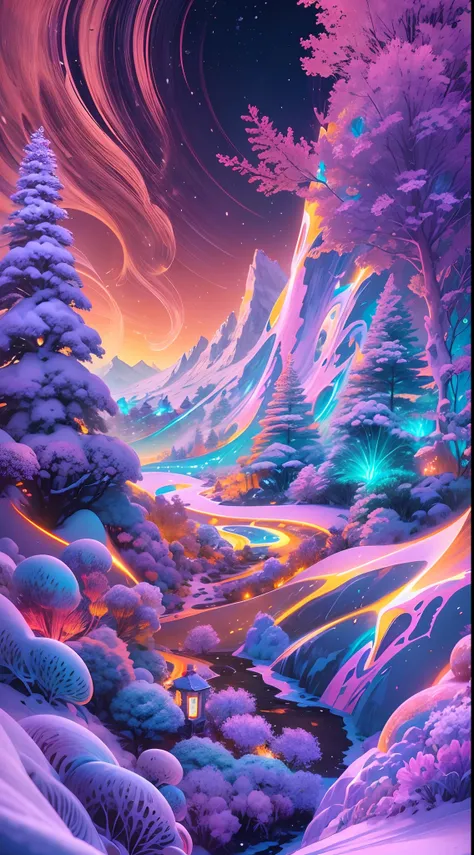 ((Winter wonderland, Snow-capped mountains, )),(Best quality,4K,8K,A high resolution,Masterpiece:1.2),Ultra-detailed, [Vibrant colors], [psychedelic patterns], [Sparkling textures], [Abstract shapes], [Unique design], [A mesmerizing glow], [Creative compos...