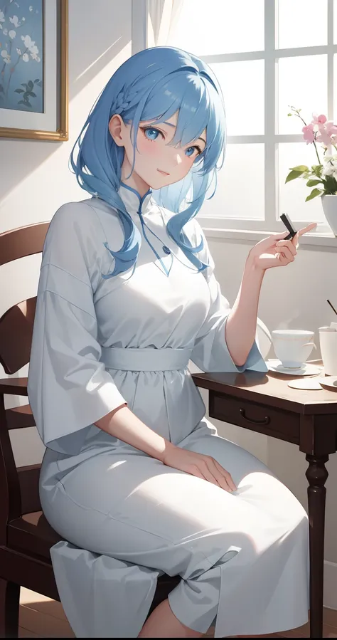 (best quality,4k,highres,masterpiece:1.2),ultra-detailed,realistic,portrait,soft,gentle,joyful,love,beautiful,harmonious,colored,pastel,emotional,warm,dreamy,blissful,mother and daughter,short hair,mother with light blue hair,smiling,daughter with long blu...