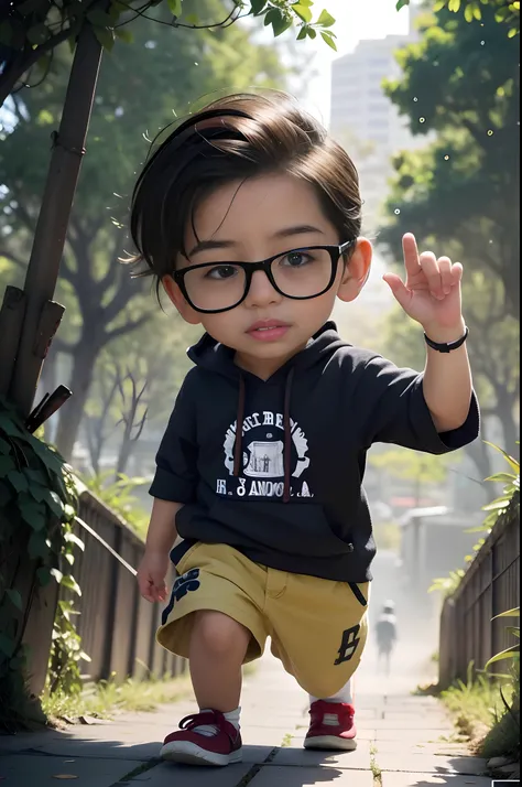 there is a young boy wearing glasses and a black shirt, cute boy, little kid, young and cute, adorable digital painting, portrait shot, perfect expression, an ultra realistic photo, cutest, young boy, ultra realistic picture, with glasses, highly realistic...