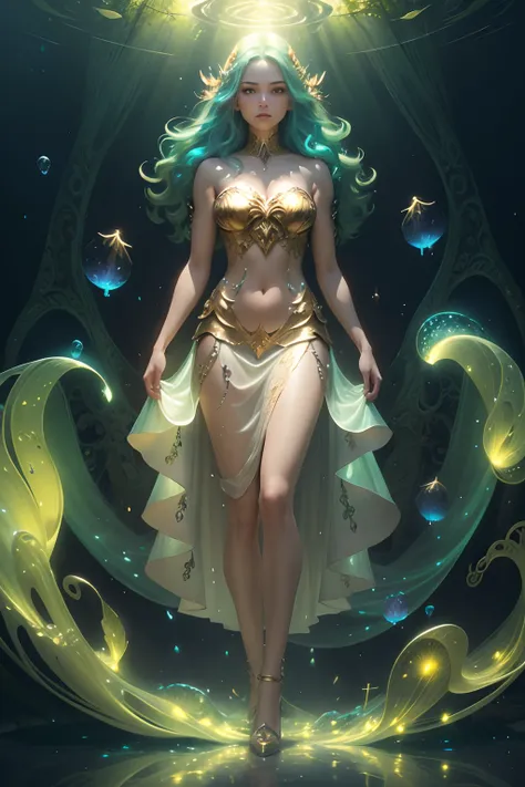 Guardian of the Enchanted Grovean armored woman with iridescent, wing-like pauldrons, standing tall amidst an ethereal grove of towering, luminescent mushrooms, the forest floor covered in sparkling dewdrops, a mystical aura emanating from her presence, th...