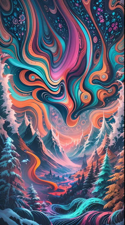 ((Winter wonderland, Snow-capped mountains, )),(Best quality,4K,8K,A high resolution,Masterpiece:1.2),Ultra-detailed, [Vibrant colors], [psychedelic patterns], [Sparkling textures], [Abstract shapes], [Unique design], [A mesmerizing glow], [Creative compos...