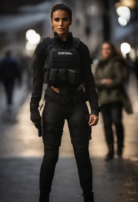 uma garota loira, Standing out in the midst of darkness, his serious facial expression reflecting determination and intensity. Seu cabelo loiro cai em mechas desarrumadas sobre os ombros. She wears black military pants that fit perfectly to her legs and is...