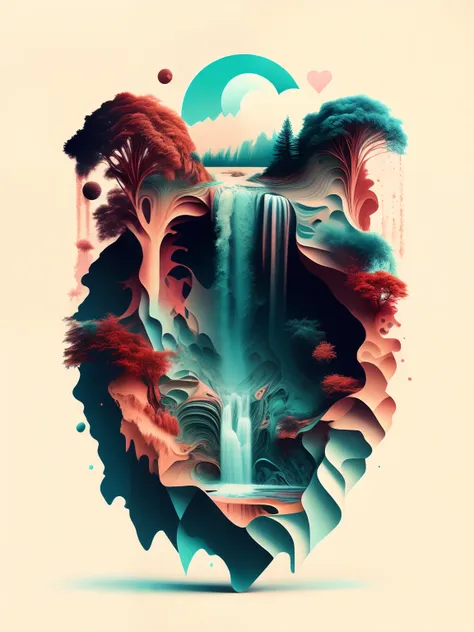 a stylized image of waterfall with a lot of different things in it, pastel color