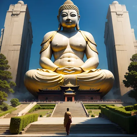 Super giant Buddha statue，Super Giant Buddha，Mysterious world，Super long staircase，Huge construction，huge waterfall，myth，超A high resolution，Masterpiece，