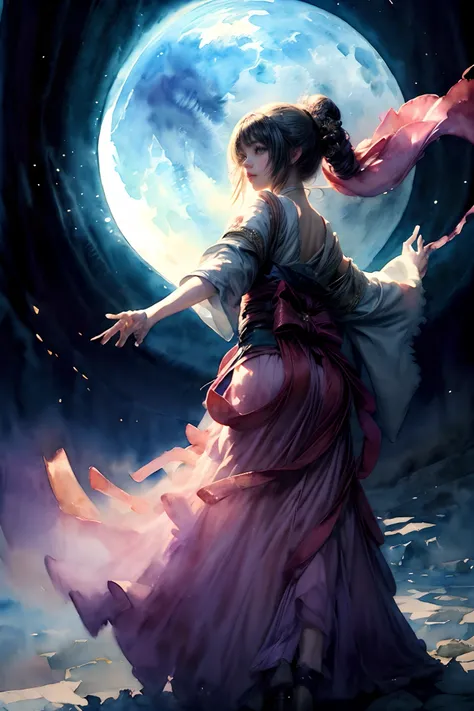 (masterpiece, top quality, best quality, official art, (beautiful and aesthetic:1.4), (watercolor:1.4) ),  (Tsukuyomi:1.5), Japanese mythology deity, ephemeral beauty, ethereal presence amidst the moonlight, divine elegance, serene and contemplative expres...